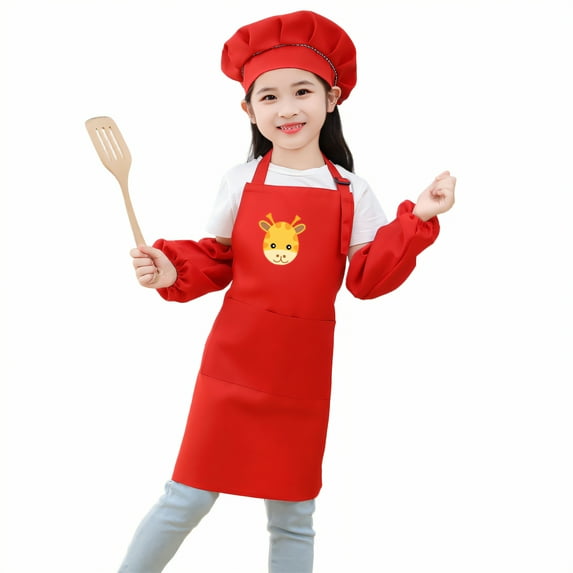 AUQ Kids Apron,Variable Shoulder Strap Apron with Pockets,Polyester Fabric Panel Kids Aprons for Cooking,Red1