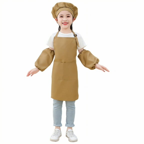 AUQ Kids Chef Hat and Apron,Close-Fitting Shape Kids Aprons for Cooking,Polyester Cloth Apron with Pockets,Beige