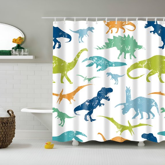 AUQ Kids Dinosaur Shower Curtain with Non-Slip Mat, Waterproof Fabric Bathroom Decor, Colorful 3D Dino Print, 35x71 Inches