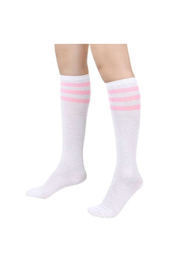 AUQ Knee High Socks,Classic Three Stripes Design Thigh High Socks,Knee-High Length Breathable Sweat-Wicking Material Long Socks,White/Pink Stripes