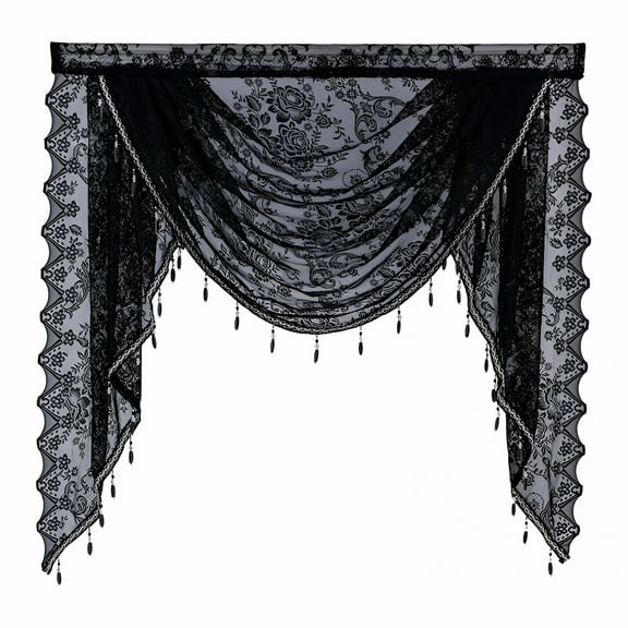 AUQ Lace & Beaded Valance With Waterfall Design-Vintage Floral Swag Sheer Curtain for Over-Sink Kitchen,Living Room,Bedroom,Bathroom,Cafe Decor