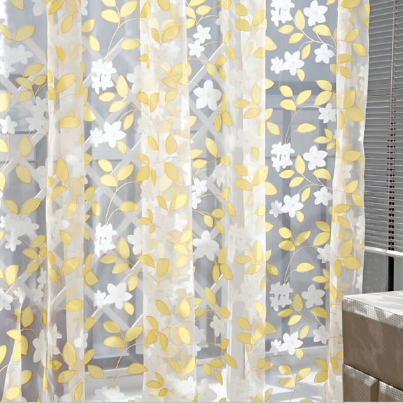 AUQ Leaf Yellow Sheer Curtains Lounge Room Divider Window Drapes,Bedroom Living Room Windows Curtains(39.37 X 78.74")