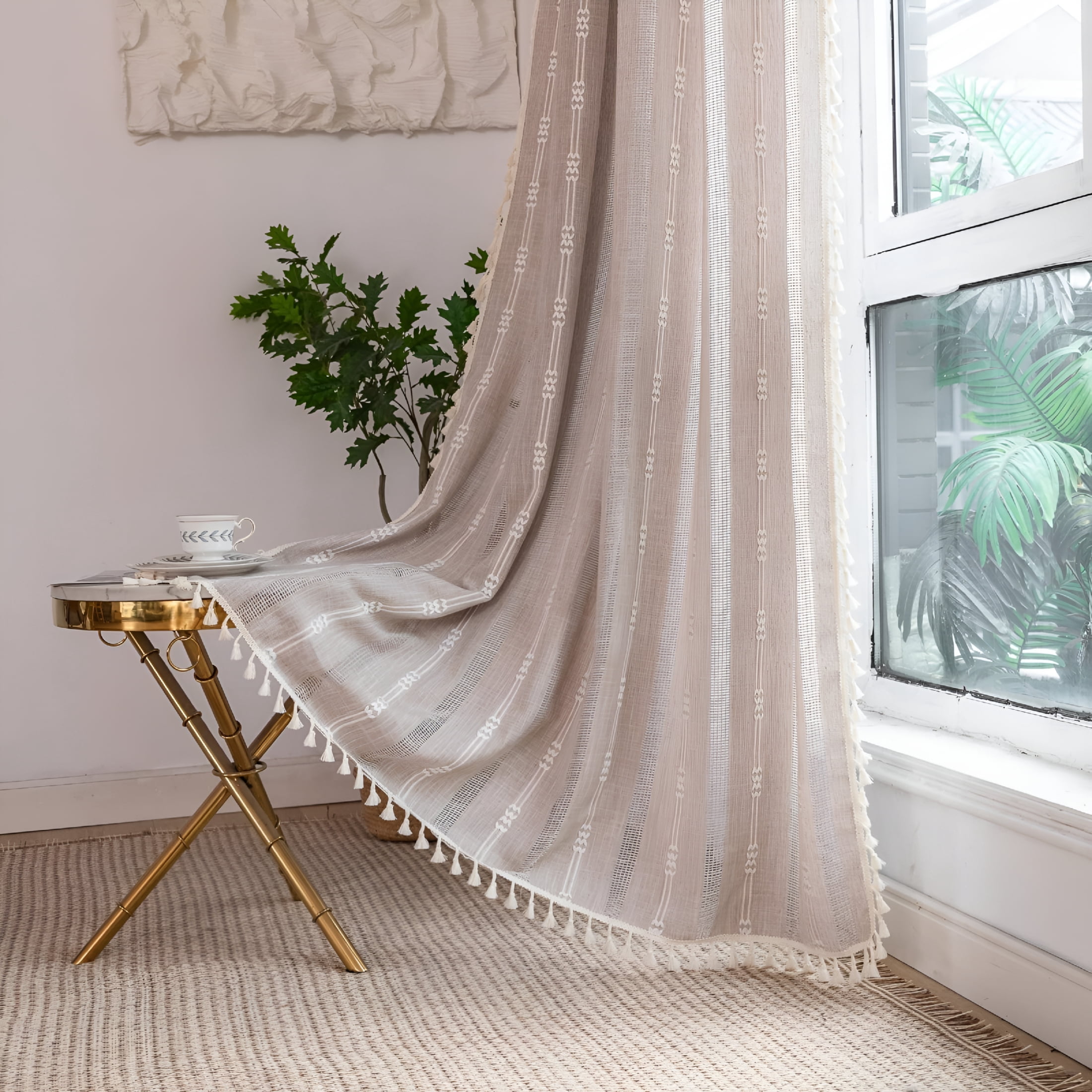 AUQ Linen Curtains Farmhouse Curtains for Living Room Rod Pocket Drapes 52" W X 84" Khaki Long Curtains for Living Room