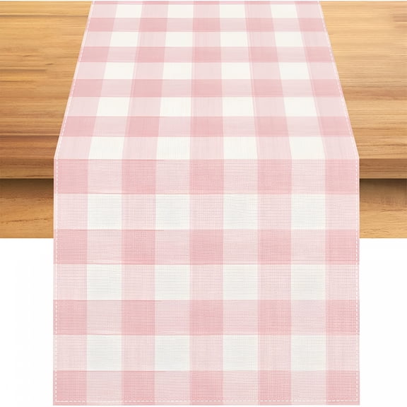 AUQ Linen Watercolor Pink White Buffalo Check Plaid Table Runner Gingham Tablecloth Farmhouse Spring Summer Easter Home Kitchen Table Decorations-1372''''(Pink and White)