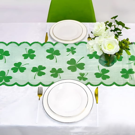AUQ Lucky Clover Lace Trim Table Runner - Easy-Care Polyester St. Patrick'S Day Dining Table Decoration,Ready for Instant Holiday Cheer Shamrock Decorations