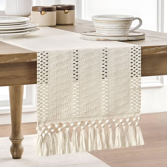 AUQ Macrame Style Boho Table Runner,Ivory Table Runners 72 Inches Long,Farmhouse Woven Home Decor,12X72 Inch,Ivory