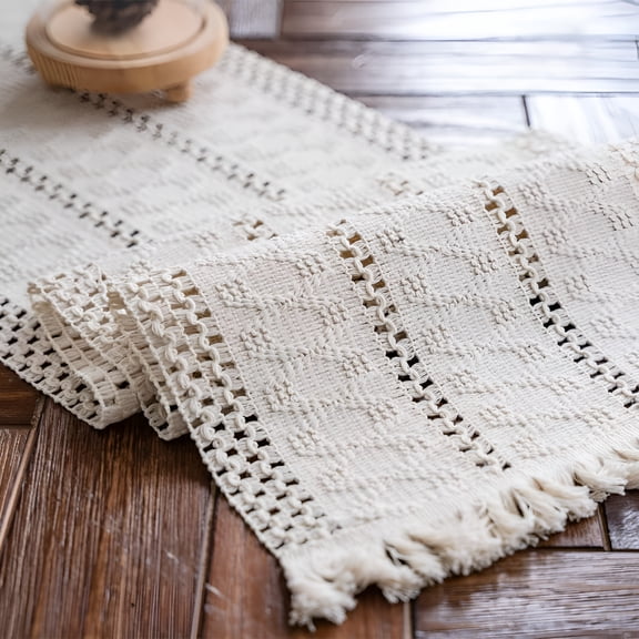 AUQ Macrame Table Runner Cream Beige Boho Table Runners with Tassels Hand Woven Cotton Table Runner Rustic Farmhouse Table Runners for Bohemian Kitchen Dining Table(12X36In)