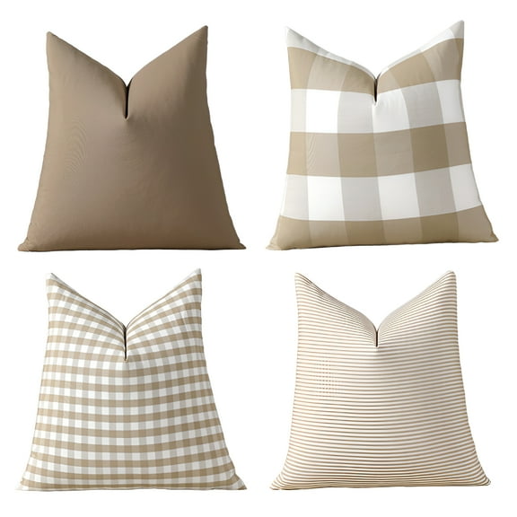 AUQ Modern Farmhouse Decor Brown Pillow Covers 18X18 Khaki Neutral Plaid Couch Throw Pillows 18 X 18 Set of 4 Brown Buffalo Check Decorative Pillow for Bedroom and Living Room