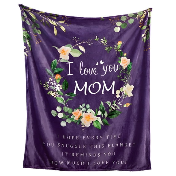 AUQ Mom Birthday Blanket From Daughter Son, Super Soft, Warm and Comfy, I Love You Mom Blanket, Flower Women Throw Blanket, Purple