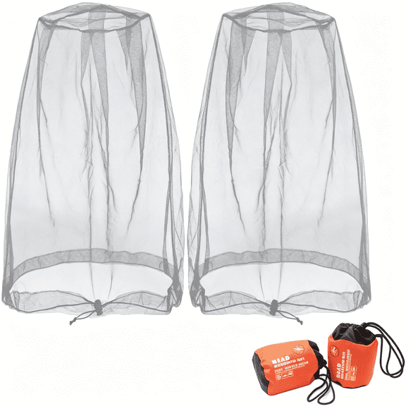 AUQ Mosquito Head Net Mesh,Face Neck Fly Netting Hood from Bugs Gnats Noseeums Screen Net for Any Outdoor Lover- with Carry Bags Fits Most Sizes of Hats Caps (2Pcs,Grey,Updated Big Net)
