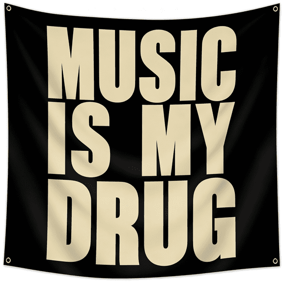 AUQ "Music Is My..." Musical Quote Flag 3X5 Feet with 4 Brass Grommets | Black Polyester Musical Banner for Wall Decor, Man Cave, College Dorm & Music Room