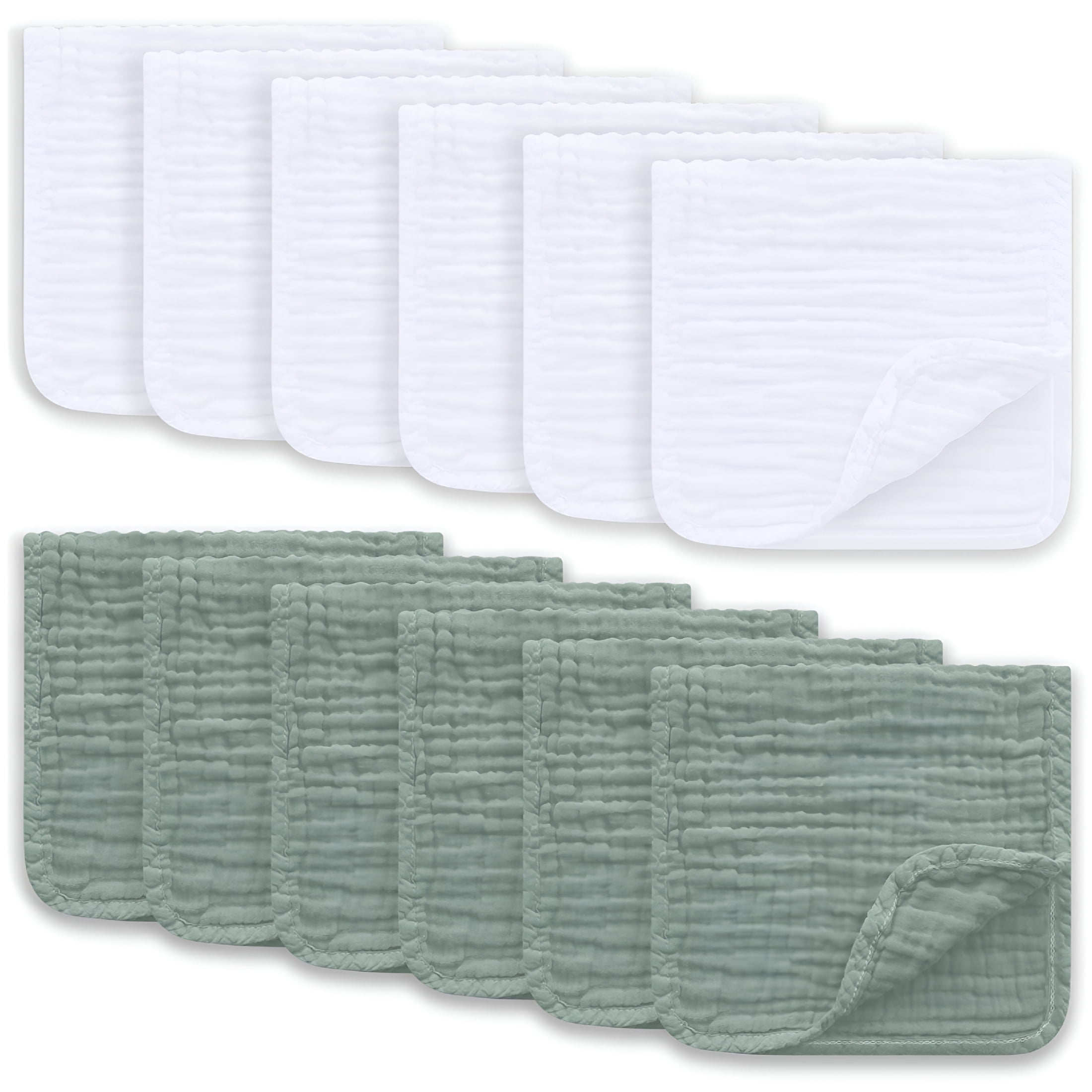 AUQ Muslin Burp Cloths Large 100% Cotton Hand Washcloths for Boys&Girls,Baby Essentials Extra Absorbent and Soft Burping Rags for Newborn Registry (White&Green,12-Pack,20"X10")