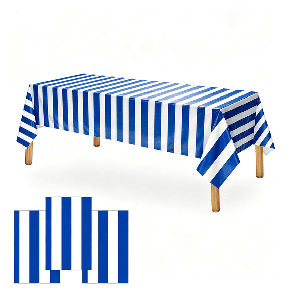 AUQ Navy Blue and White Striped Tablecloth(3Pack)-54X108Inches Father'S Day Party Decoration Supplies Disposable Plastic Rectangular Table Cloth for Birthday Ocean Nautical Theme Party Picnic
