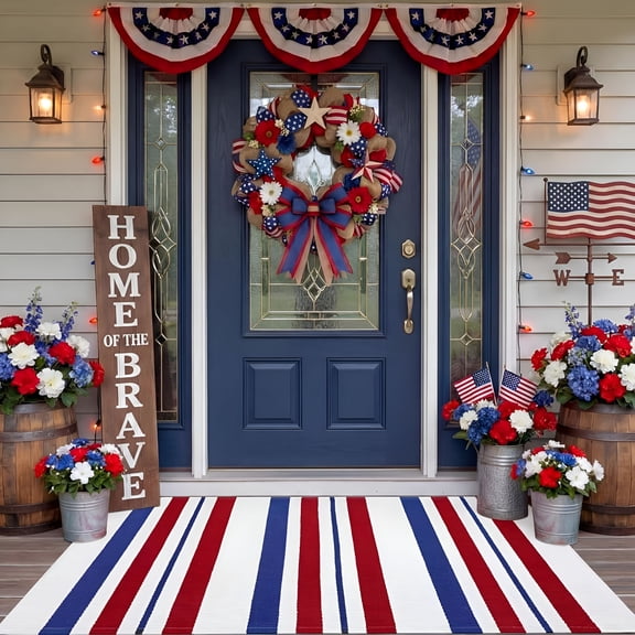 AUQ Patriotic Door Mat Blue Red White Stripe Doormat USA Memorial Day Welcome Mat Outdoor Rug 24 x 35 Inch Washable Front Porch Entryway Layering Rug for Farmhouse 4th of July