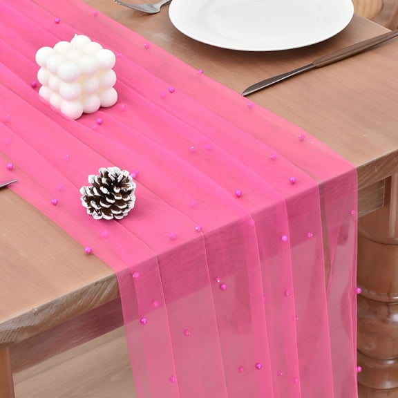 AUQ Pearl Table Runner 10Ft Rustic Boho Tulle Runner with Pearls for Baby Shower Wedding Party Veil Dessert Table Decor Hot Pink 4Pcs