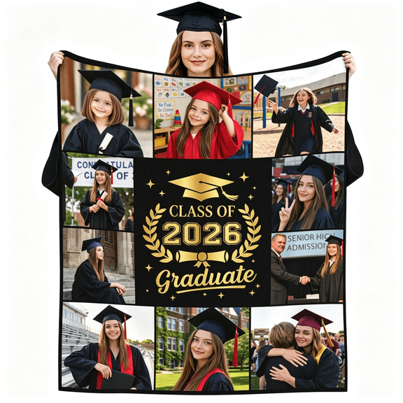 AUQ Personalized Graduation Gifts Blanket with Custom Name &Amp; Photo,Class of 2026 Graduation Blankets for High School College,Super Soft Flannel Throw for Bed Sofa