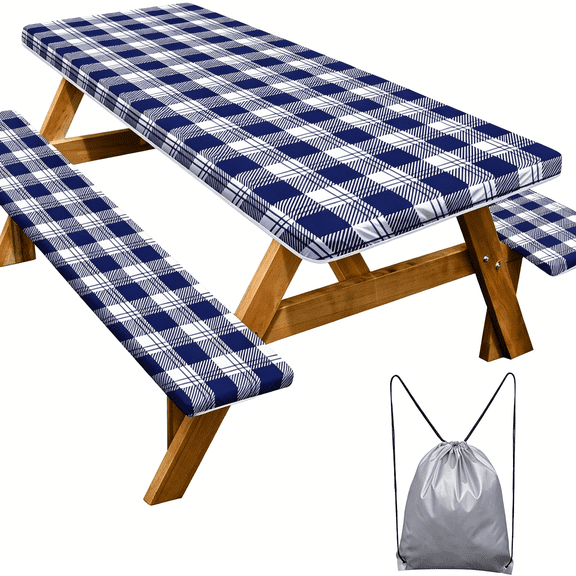 AUQ Picnic Table Cover with Bench Covers Waterproof Windproof Tablecloth with Drawstring Bag,Fitted Rectangle Tables and Seats,72in,Blue Checkered