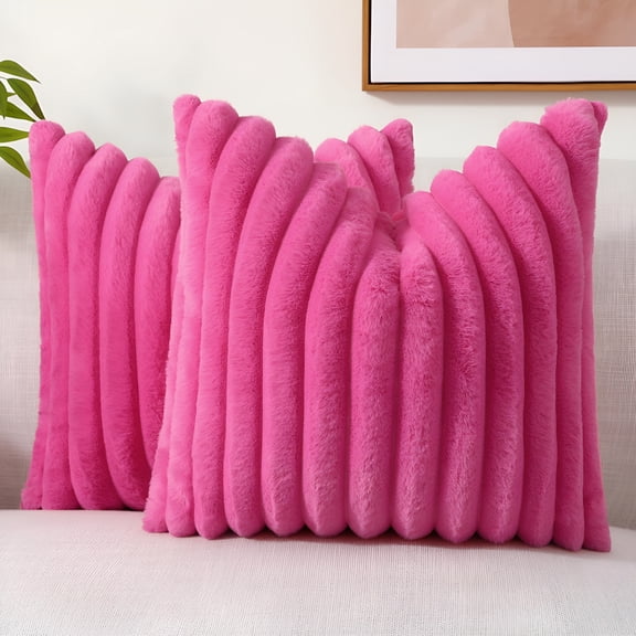 AUQ Pink Pillow Covers Pack of 2 Faux Fur Plush Throw Pillow Covers 18X18,Soft Fluffy Striped Decorative Couch Pillow Covers,Hot Pink