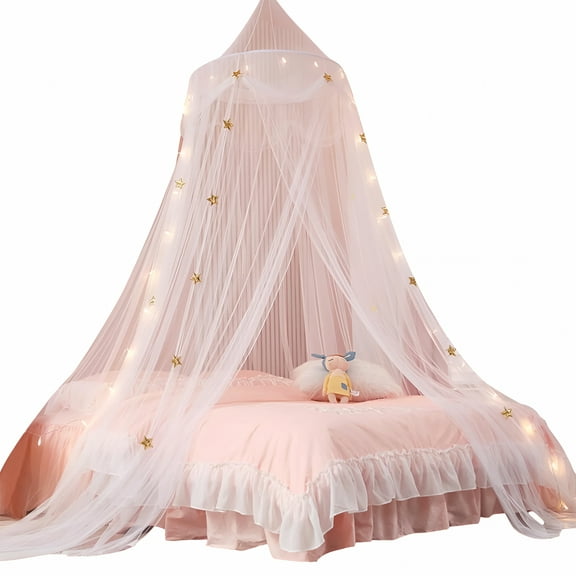 AUQ Pink Princess Bed Canopy for Girls with Glowing Stars, Ceiling Tent Hanging Mosquito Net with Light, Fits Twin, Full, and Queen Size Beds, Suitable for Indoor Room Decor and Outdoor Use