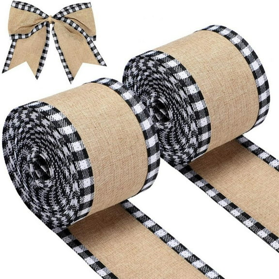 2 Rolls Plaid Burlap Ribbons Wide Black White Wired Edge Gingham Craft Ribbon DIY Project Gift Wrapping Christmas Decoration