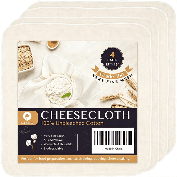 AUQ Precut Cheesecloth,15 X 15'' 4 Pack,Grade 100,Ultra Fine Cheese Cloth for Straining&Cooking,100% Unbleached Cotton Muslin Cloth for Making Cheese