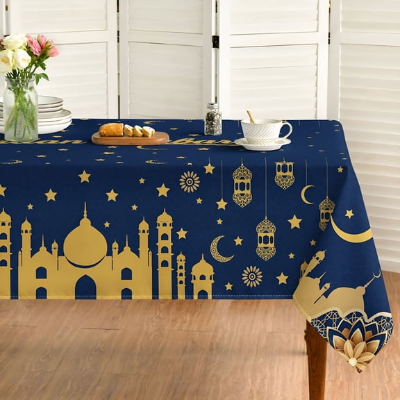 AUQ Ramadan Tablecloth 6084 Inch Rectangular,Blue and Gold Moon Star Ramadan Kareem Table Cloth,Ramadan Mubarak Washable Seasonal Table Cover for Party Picnic Dinner Decor