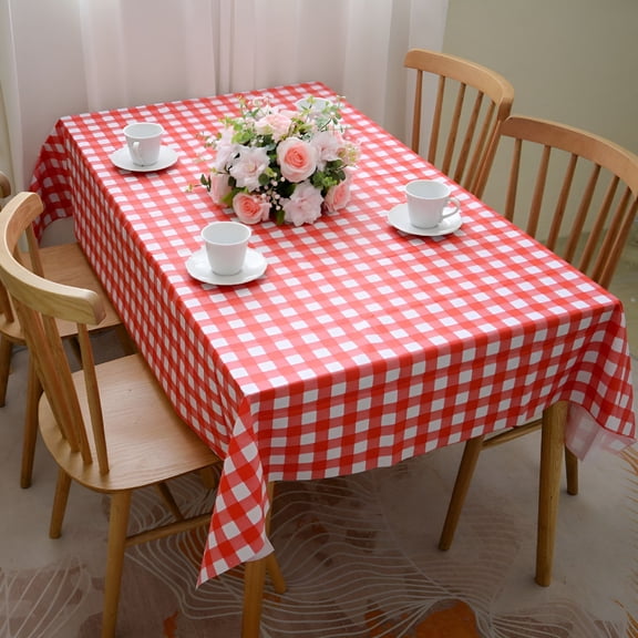 AUQ Red and White Checkered Tablecloth, 71 Inch Waterproof Oilcloth Table Cover, Wipeable Reusable Dining Linen for Outdoor Picnic Camping Banquets