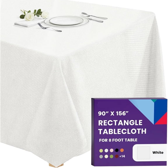 AUQ Rectangle Tablecloth - 90 x 156 Inch White Table Cloth for 8 Foot Tables with Floor-Length Drop - Heavy Duty Washable Fabric for Holiday Party, Dinner, Weddings & Baby Shower