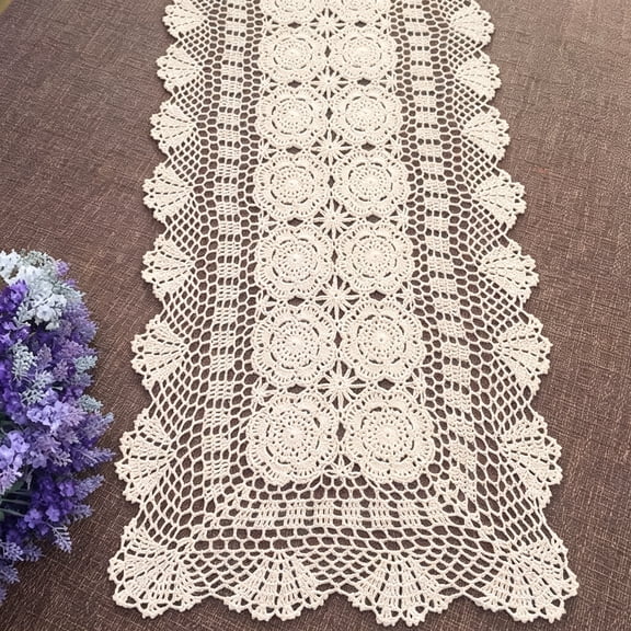 AUQ Rectangular Cotton Handmade Crochet Lace Table Runner Doilies Table Dresser Scarf Dcor,16 Inch by 55 InchBeige Lace Table Runner