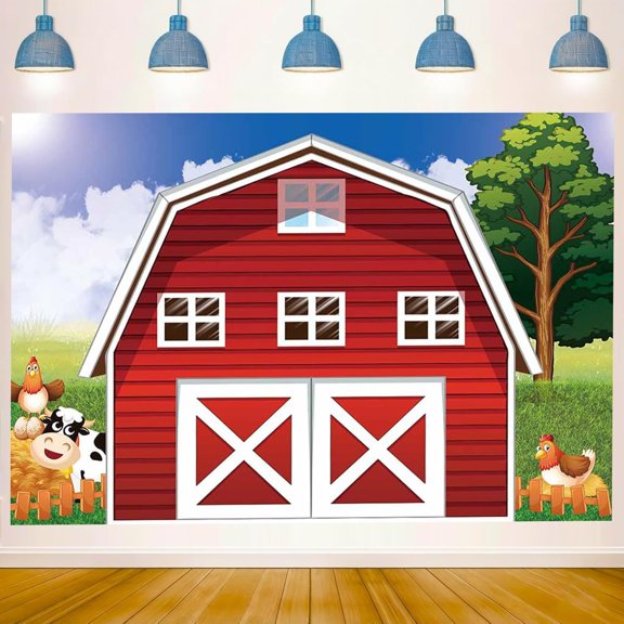 AUQ Red Barn Cartoon Farm Photography Backdrop Rustic Western Farmhouse Background Kids Children Farm Theme Birthday Baby Shower Party Photo Props Cake Table Supplies 6X4Ft