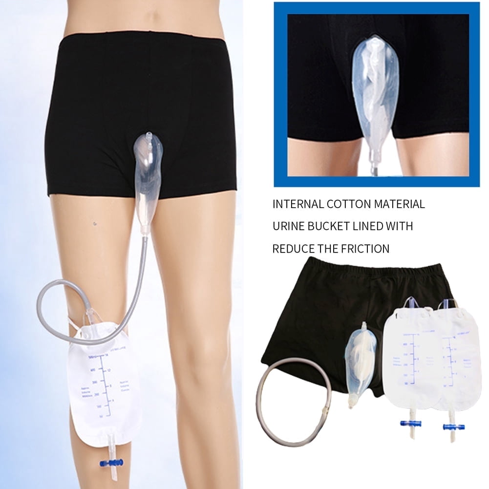 Walbest Reusable Men Urine Funnel Catheter Bag Set, Wearable Incontinence Shorts for Men Urinal System with Collection Bag Portable Leak Proof Leg Pee Catheter Holder for Elder