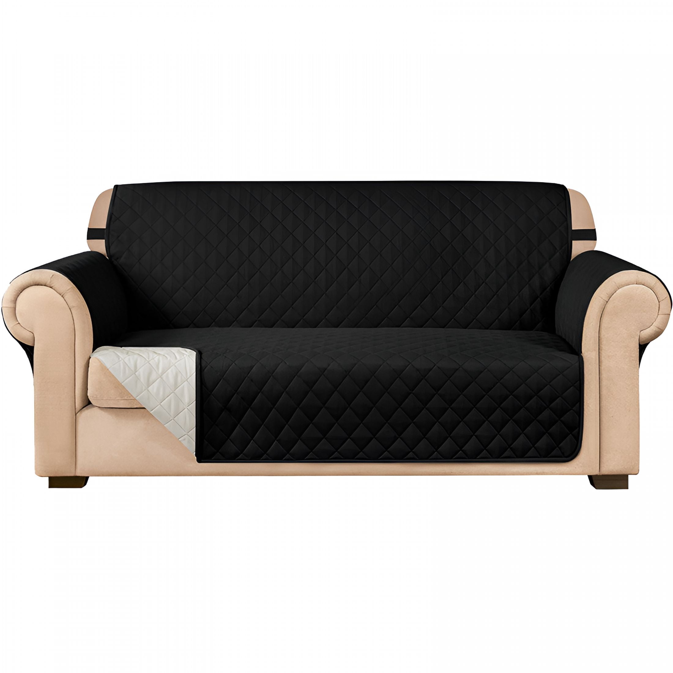 AUQ Reversible Quilted Sofa Cover,Water Resistant Slipcover Furniture Protector,Washable Couch Cover with Non Slip and Elastic Straps for Kids,Pets (Sofa,Black)