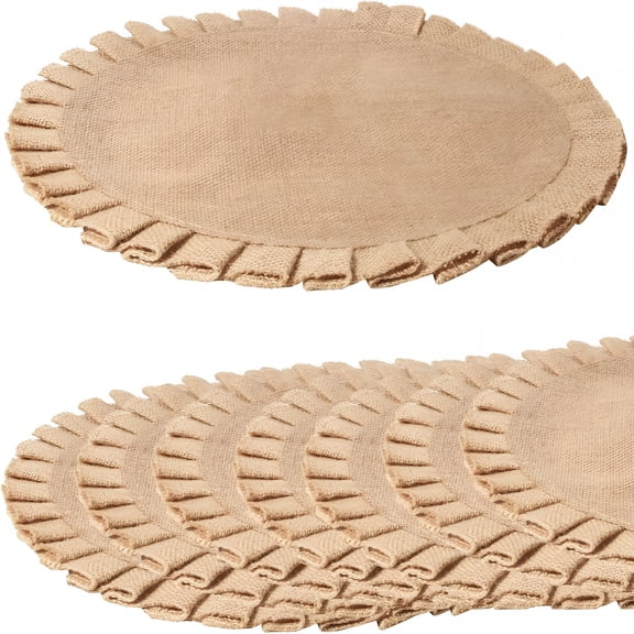 AUQ Ruffle Burlap Round Placemats Set of 8, 15 Inch Boho Natural Jute Table Mats, Rustic Farmhouse Circle Pleated Mats for Dining and Fall Decor