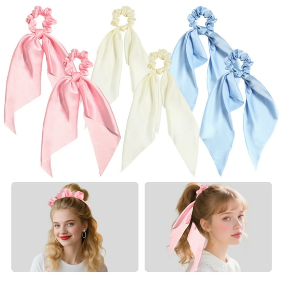 AUQ Scrunchies for Girls,Long Ribbon Bow Hair Scrunchies for Women'S Hair,Satin Ponytail Holders,Style4