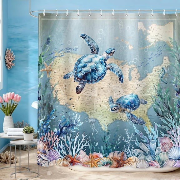 AUQ Sea Turtle Shower Curtain Vintage Us Map Ocean Bathroom Decor|Polyester Fabric,Waterproof,Quick Dry,Hd Print,Machine Washable,72 X 72"Es,12 Hooks,Coastal Home Accent