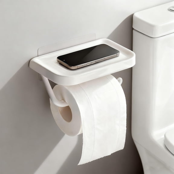 AUQ Self Adhesive Toilet Paper Holder with Shelf,No Drill Wall Mounted Bathroom Tissue Holder,Sticky Tp Roll Holder with Phone Shelf for Rv,Toilet Paper Holder with Shelf White