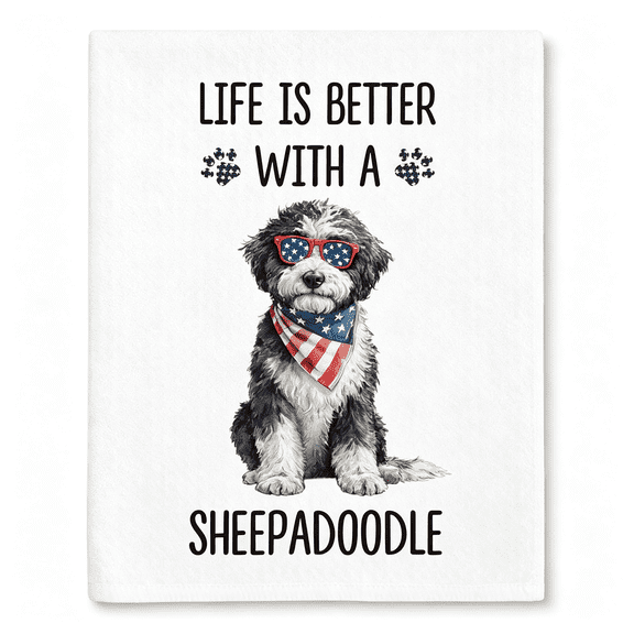 AUQ Sheepadoodle Gifts 4Th of July Dog Kitchen Towels,Patriotic Sheepadoodledog Hand Towel,Life Is Better with a Sheepadoodle Decorative Tea Dish Towels for Kitchen,Dog Bathroom Decor,16X24In