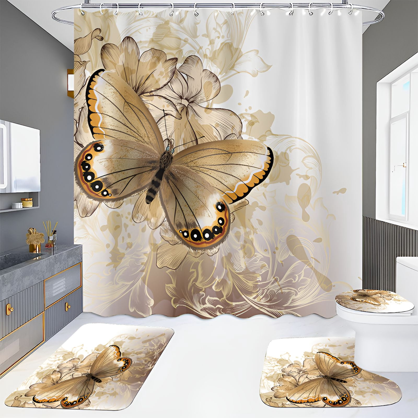 AUQ Shower Curtain Set,Leak-Safe Fabric Zip Bathroom Shower Curtain ...