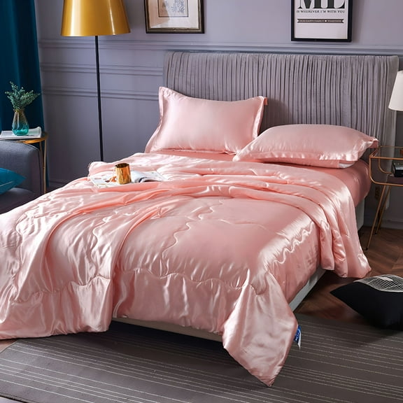 AUQ Silk Satin Comforter Queen Size,Solid Color Reversible Summer Cooling Blanket,Double Sided Cold Effect,Breathable Lightweight Feather Down Quilted Bedding Machine Washable for All Season