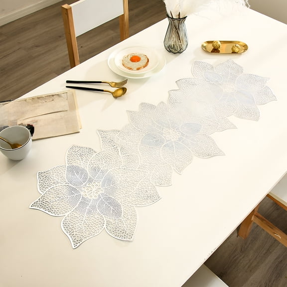 AUQ Silver Table Runners 36 Inches Heat Resistant Table Runner Flower Shaped Short Table Runner Washable Table Mats Falltable Runner for Party,Wedding Flower Table Runner
