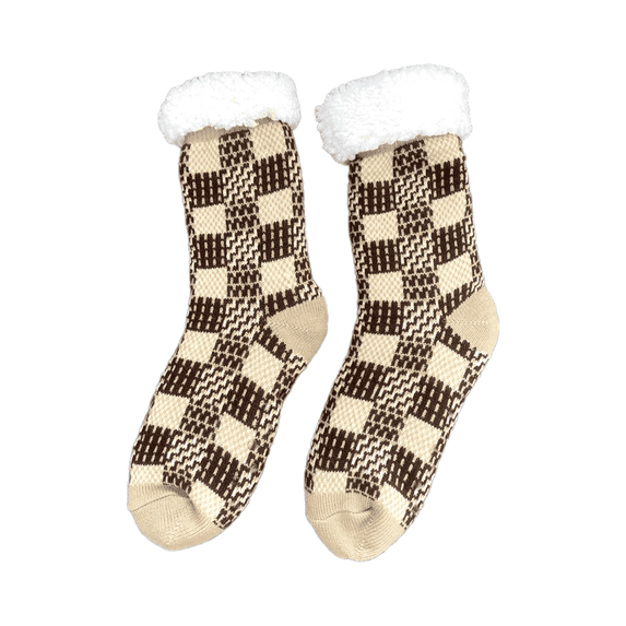 AUQ Socks for Men,Plush Fleece Grip Socks for Extra Warmth,Stylish Cozy Winter Crew Socks for Women,Brown