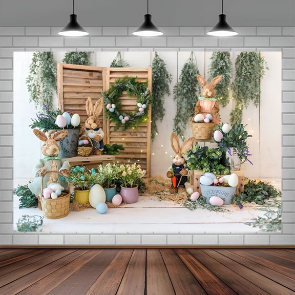 AUQ Spring Easter Backdrop, Easter Eggs Flower Photo Backdrop, Garden Rabbit Easter Party Decoration, Kids Birthday Party Decor Portrait Banner Photo Booth Studio Props 7X5FT