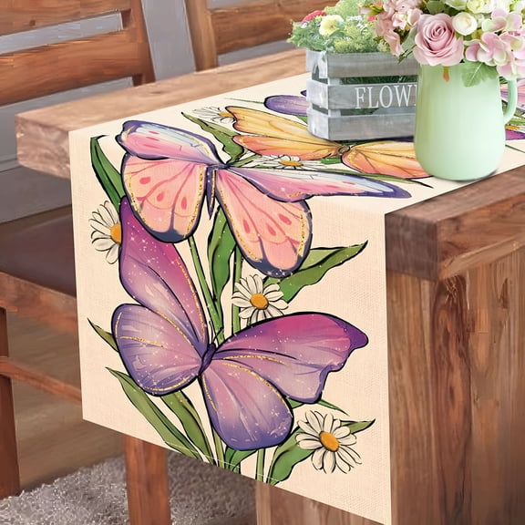 AUQ Spring Summer Purple Butterfly Table Runner,Daisy Flower Floral Kitchen Dining Table Decoration,Seasonal Burlap Indoor Outdoor Home Decor Party Supply Floral Table Runner