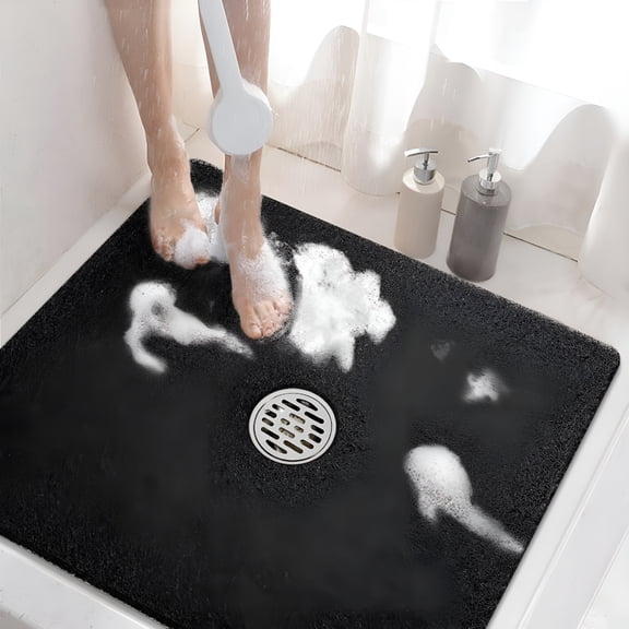 AUQ Square Shower Mat,24 X 24 Inch Non Slip Bath Mat for Tub,Soft Pvc Loofah Bathtub Mats with Drain Holes,Quick Drying Bathroom Stall Floor Mat,Bathroom Accessories without Suction Cup,Black