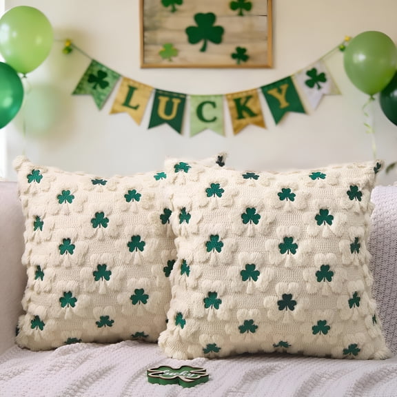 AUQ St Patricks Day Pillow Covers Set of 2, Beige Shamrock Green Embroidery Irish Soft Plush Faux Fur Jacquard Embroider Decorative Holiday Farmhouse Cushion Case for Sofa 18 x 18 Inch
