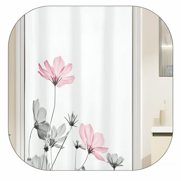 AUQ Stall Shower Curtain Half 36"W X 72"L Pink Gray White Grey Flowers Wildflower Daisy Floral Stand Up Botanical Simple Mini Small Bathroom Curtains Polyester Fabric 7 Pack Plastic Hooks
