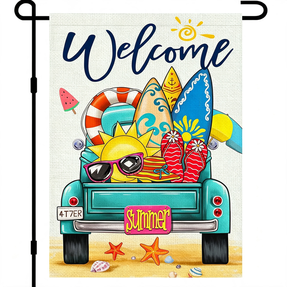 AUQ Summer Garden Flags for Outside 12X18 Inch Double Sided Burlap, Surfboard Flip-Flop Sunshine Welcome Sign Small Flag Farmhouse Holiday Yard Lawn Outdoor Decorations Df766