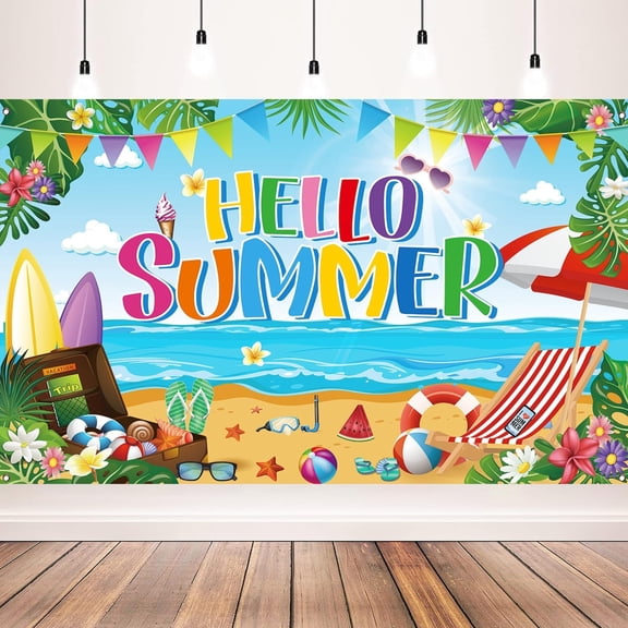 AUQ Summer Party Decorations,Hello Summer Beach Party Backdrop Banner,Colorful Beach Scene Photography Background,71 X 43 Inches