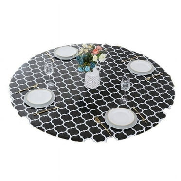 AUQ Table Cloth Scandinavian Print Elastic Round Tablecloth for Living Rooms,Anti-Stain Table Cover for Daily Use,Black Geometry