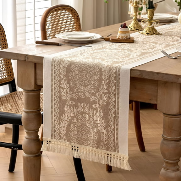 AUQ Table Runners 138 Inches,Waterproof Boho Table Runner with Tassel Fringe,Table Runner for Party Coffee Table